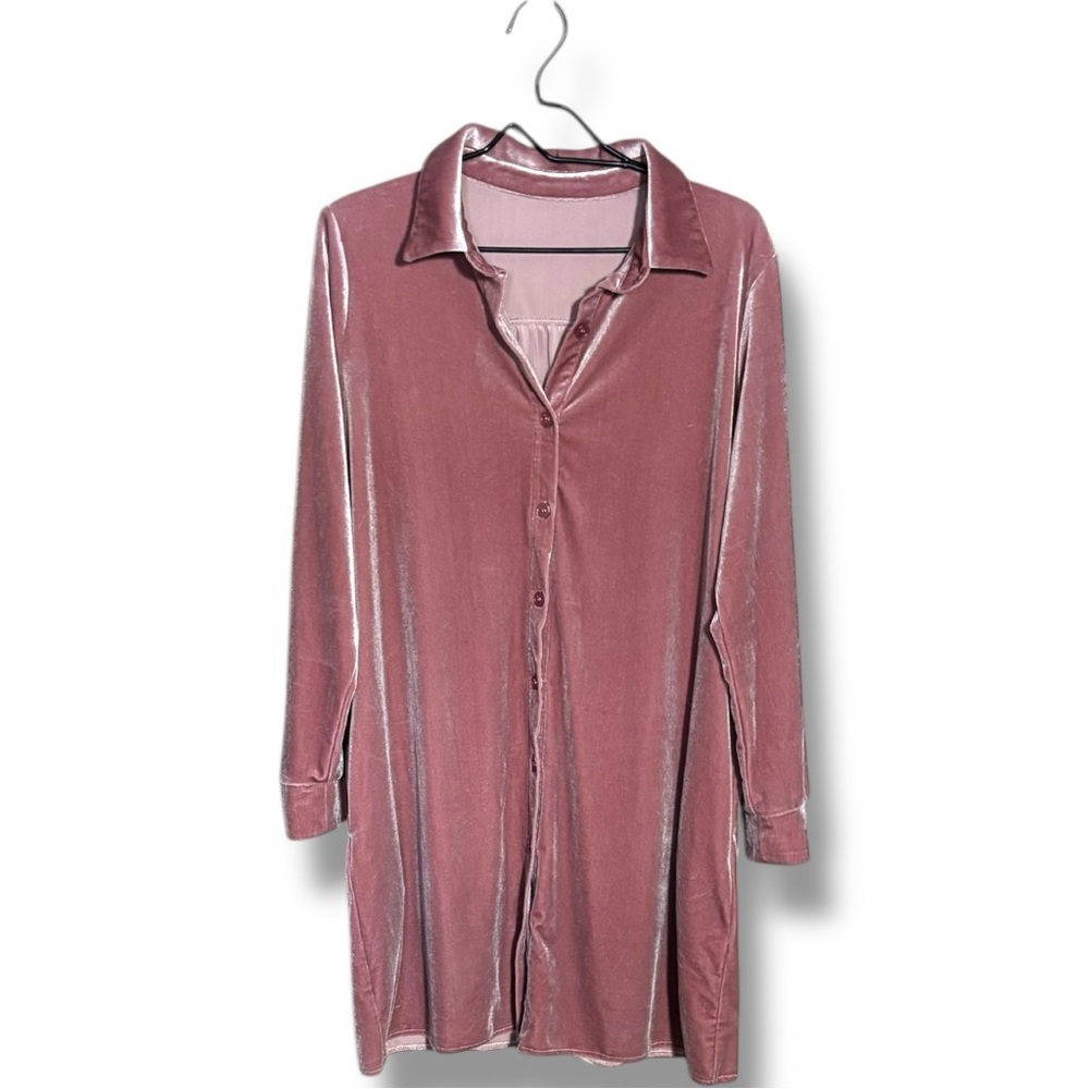Rose/Mauve Velvet Long Sleeve Button Down Collared Mini Shirt Dress - Picture 14 of 16